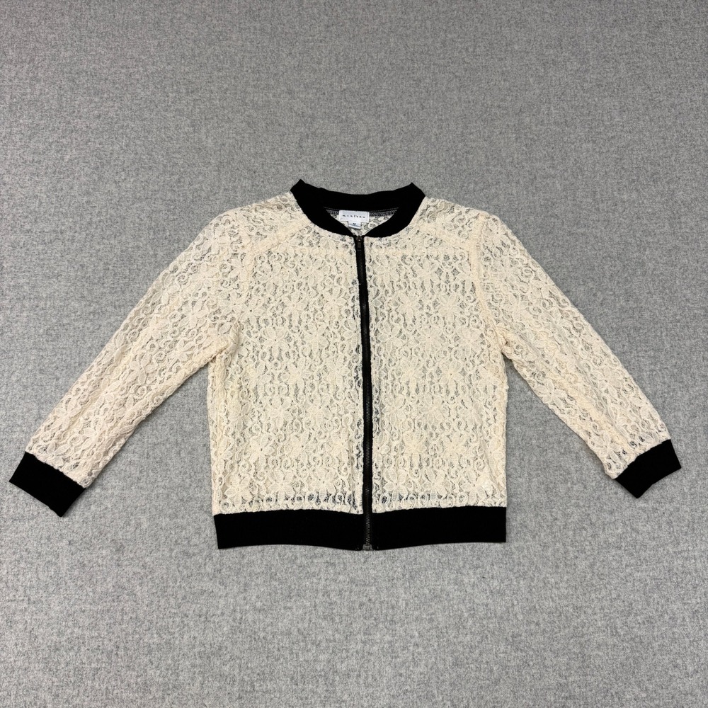 Monteau Floral Lace Bomber Jacket Size Medium Cream Black Full Zip Sheer J3366